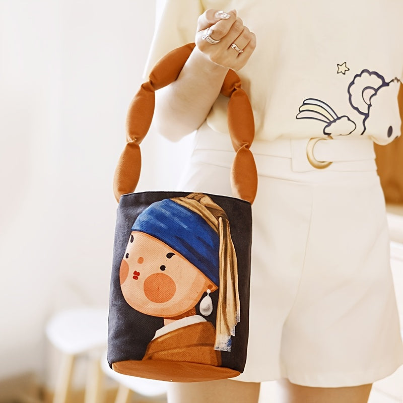 Art Print Bucket Bag – Padded Shoulder Strap Handbag with Classic Painting Design
