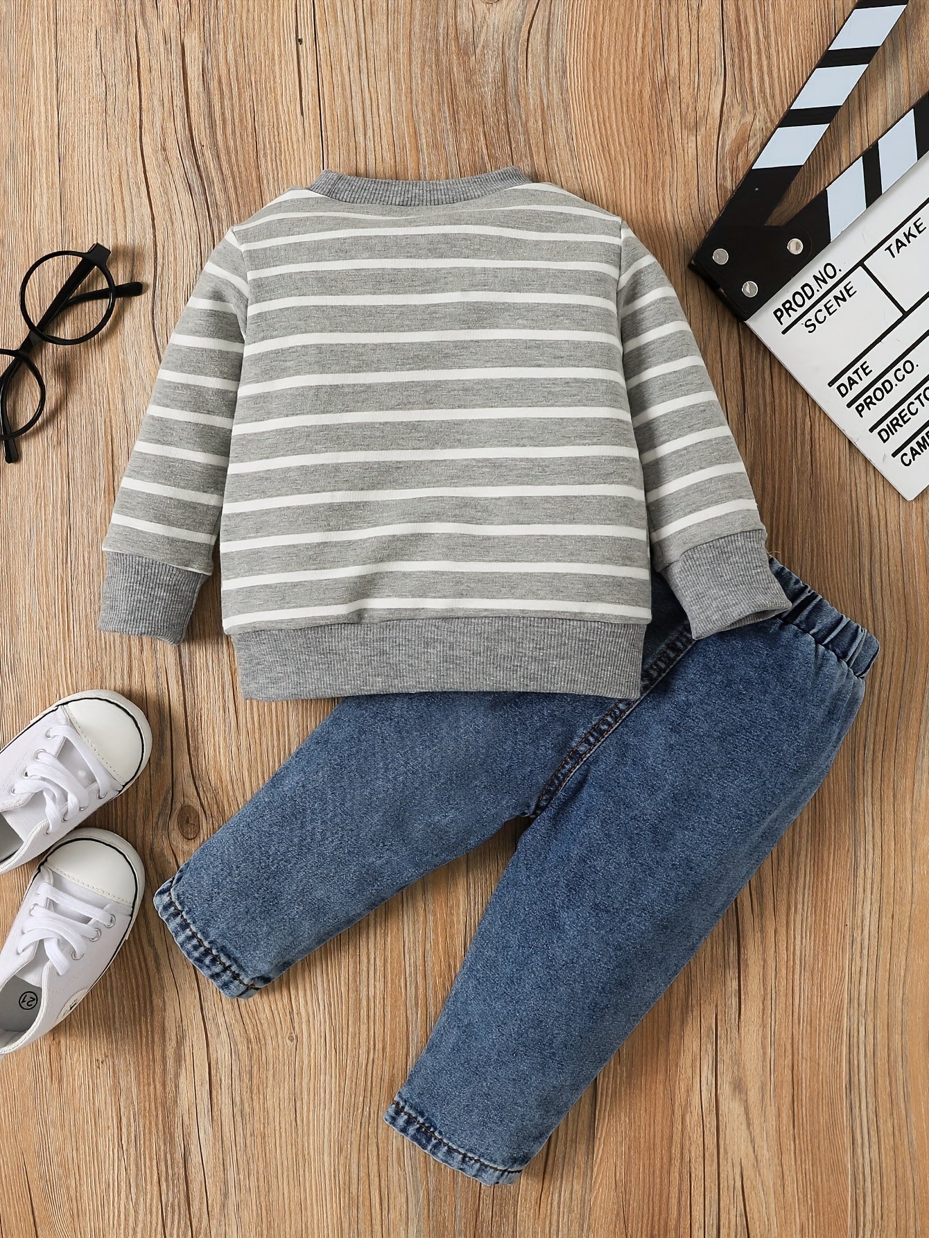 Baby Boy 2-Piece Set – Striped Elephant Long Sleeve Top & Denim Pants