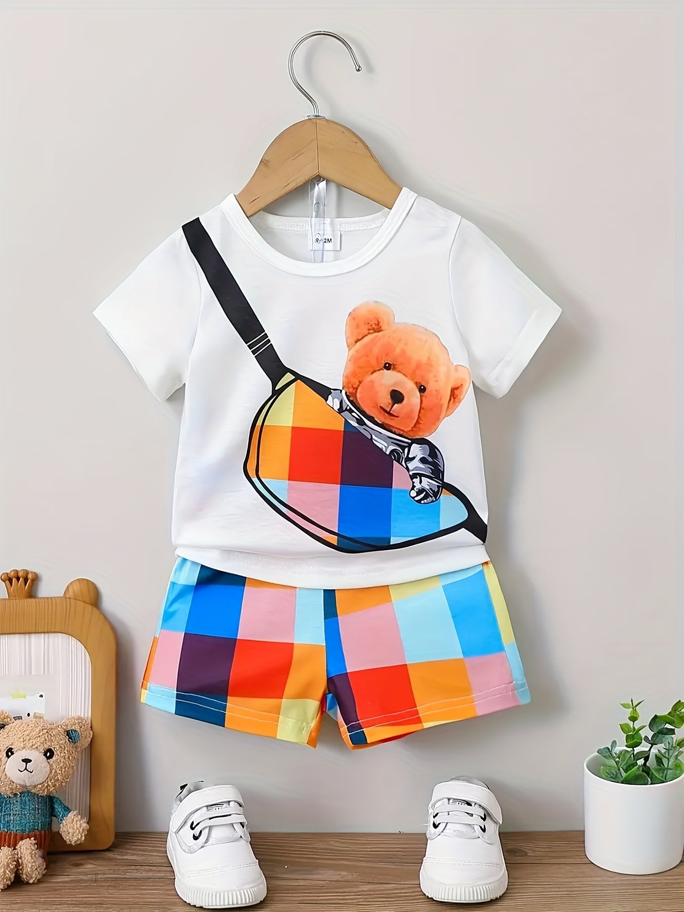Baby Boy 2-Piece Set – Bear Print T-Shirt & Checkered Shorts (Optional Backpack)