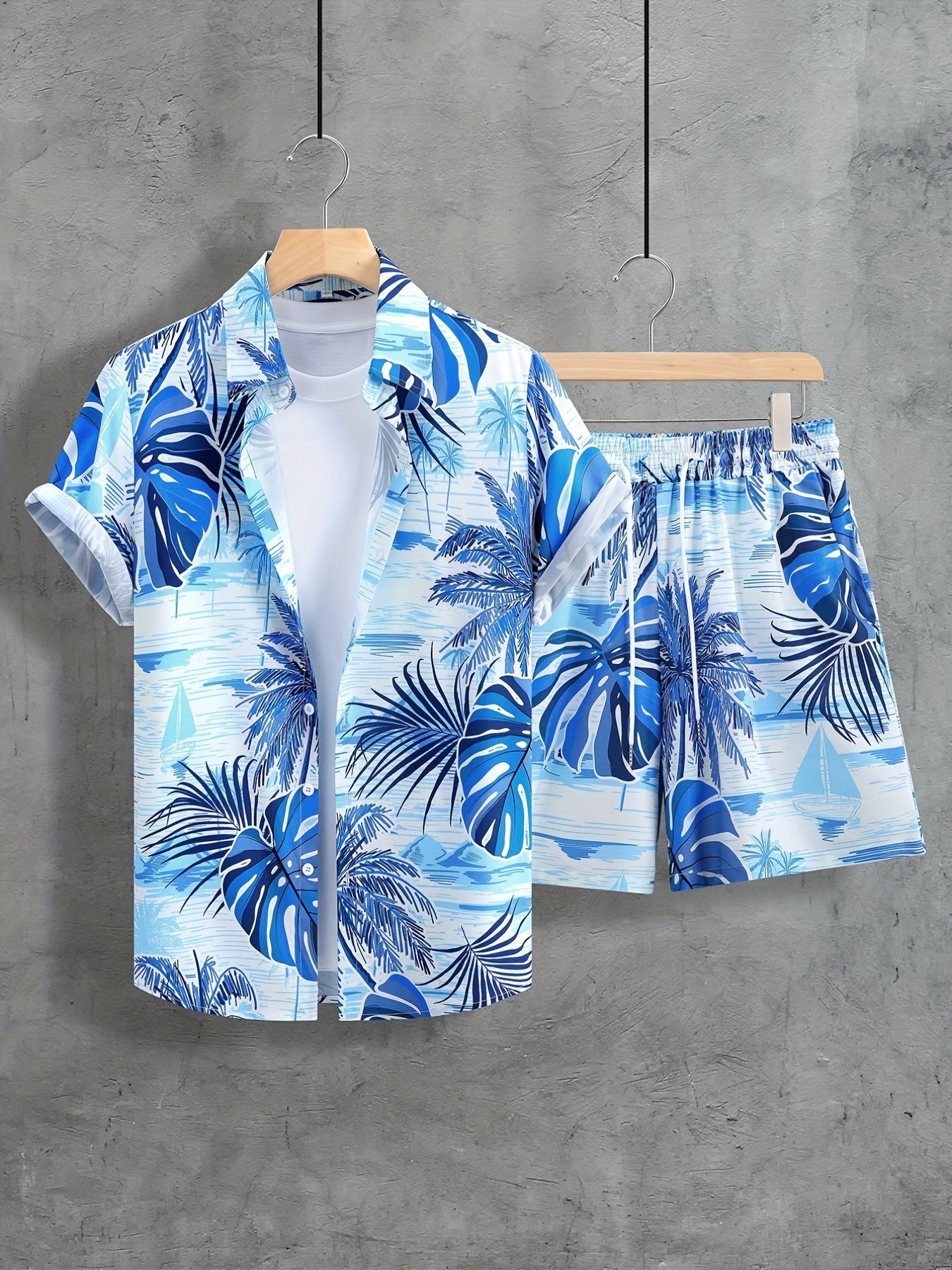 Men's Beach Print Shirt and Shorts Set
