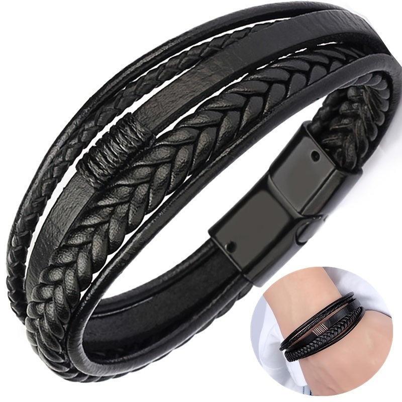 Men's Multi-Layer Leather Bracelet with Buckle Closure