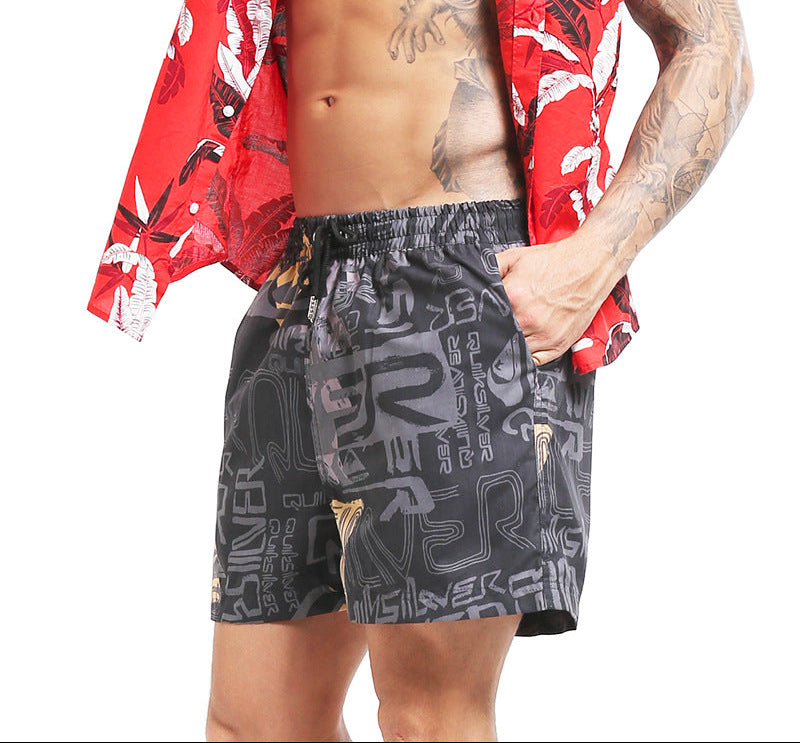 Men's Black Floral Print Beach Shorts | Quick-Dry Quarter-Length Swim Trunks