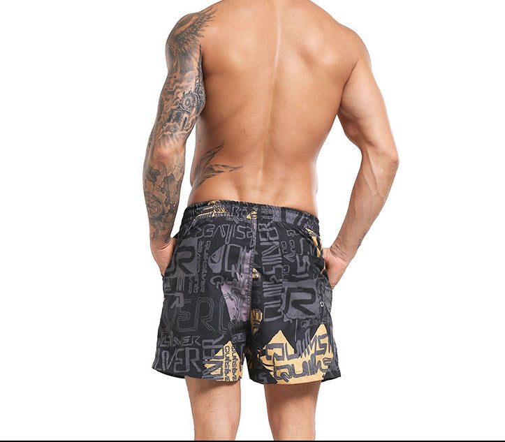 Men's Black Floral Print Beach Shorts | Quick-Dry Quarter-Length Swim Trunks