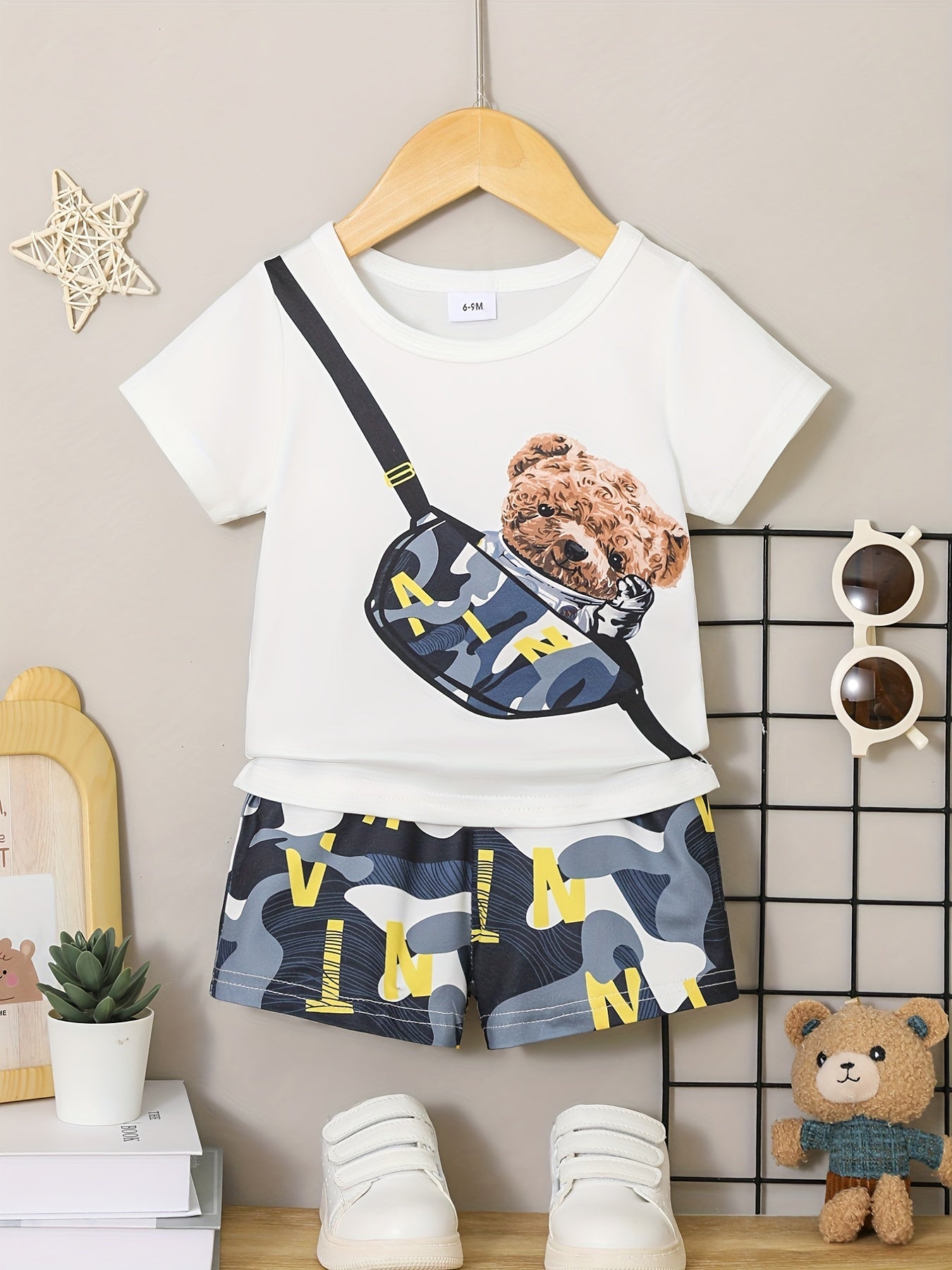 Baby Boy 2-Piece Set – Bear Print T-Shirt & Checkered Shorts (Optional Backpack)