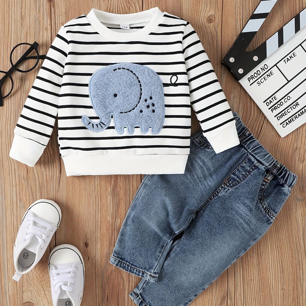Baby Boy 2-Piece Set – Striped Elephant Long Sleeve Top & Denim Pants