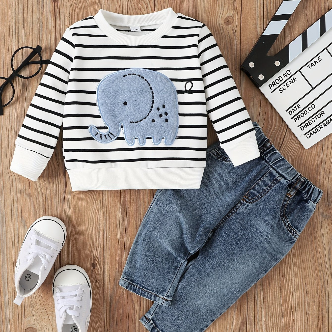 Baby Boy 2-Piece Set – Striped Elephant Long Sleeve Top & Denim Pants