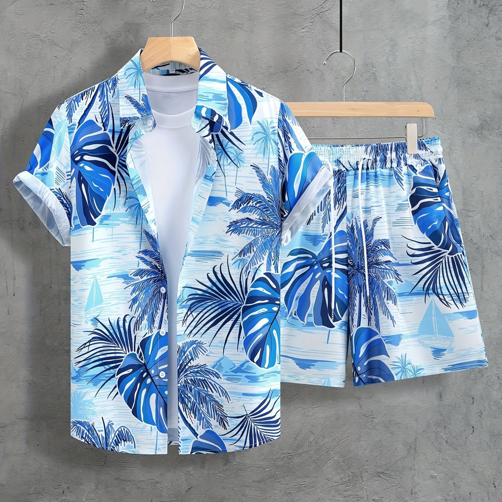Men's Beach Print Shirt and Shorts Set