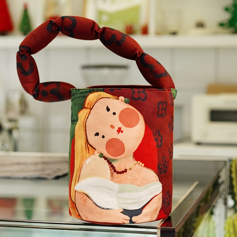 Art Print Bucket Bag – Padded Shoulder Strap Handbag with Classic Painting Design