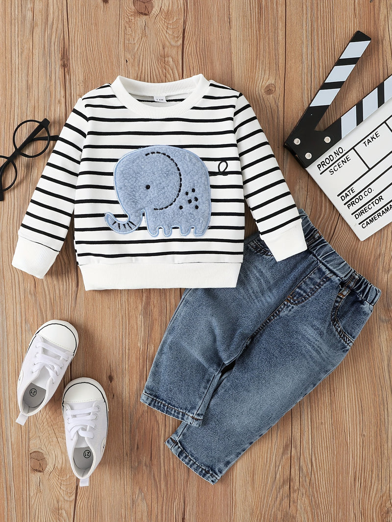Baby Boy 2-Piece Set – Striped Elephant Long Sleeve Top & Denim Pants