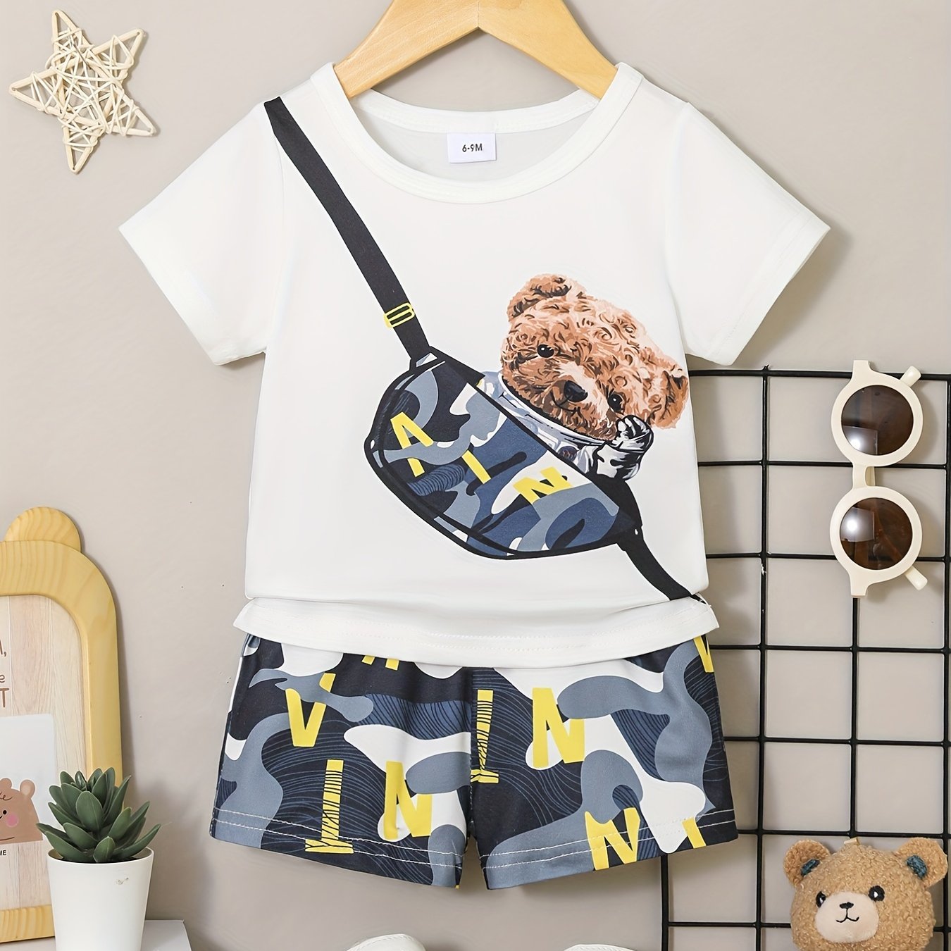 Baby Boy 2-Piece Set – Bear Print T-Shirt & Checkered Shorts (Optional Backpack)