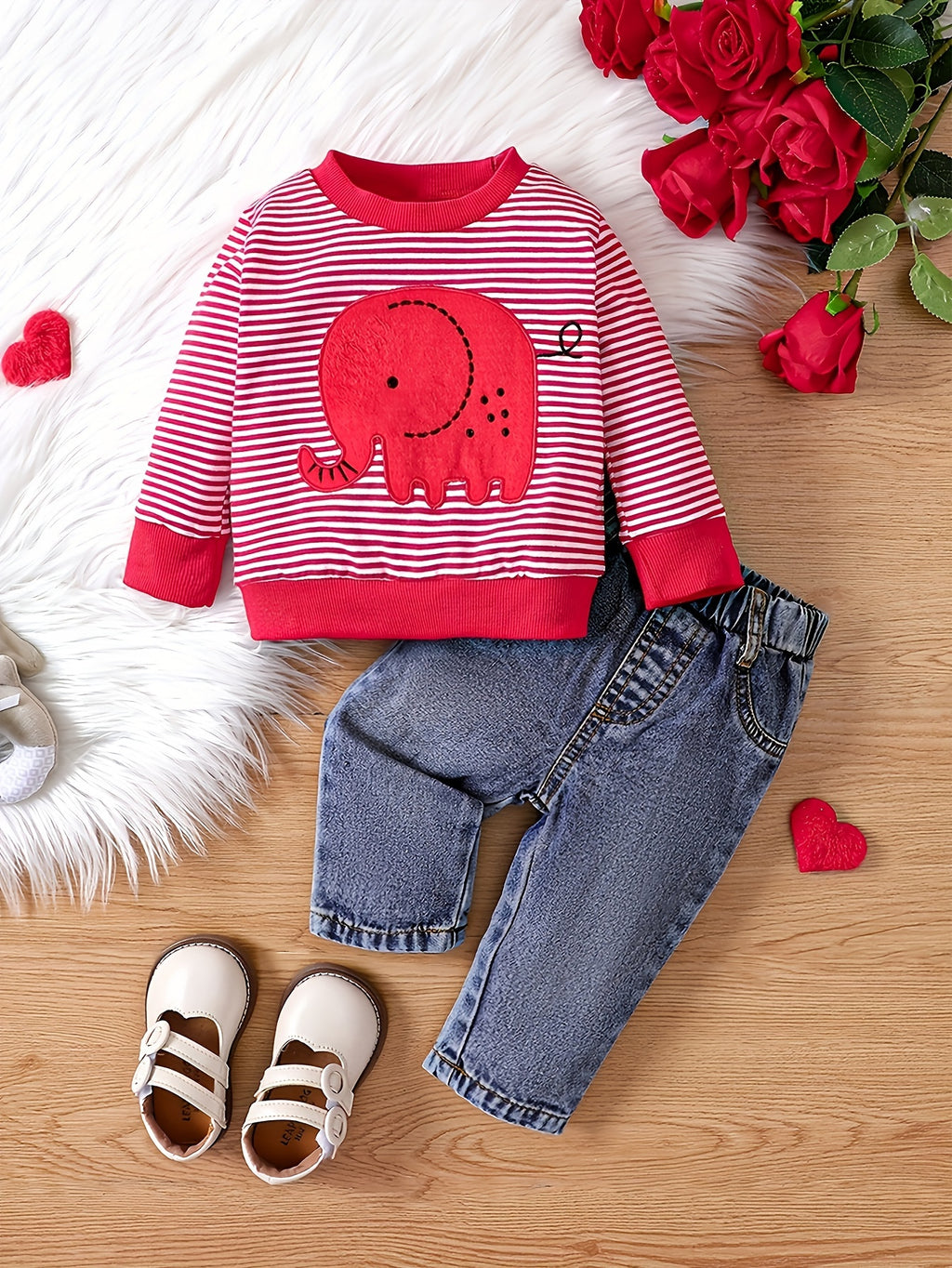 Baby Boy 2-Piece Set – Striped Elephant Long Sleeve Top & Denim Pants