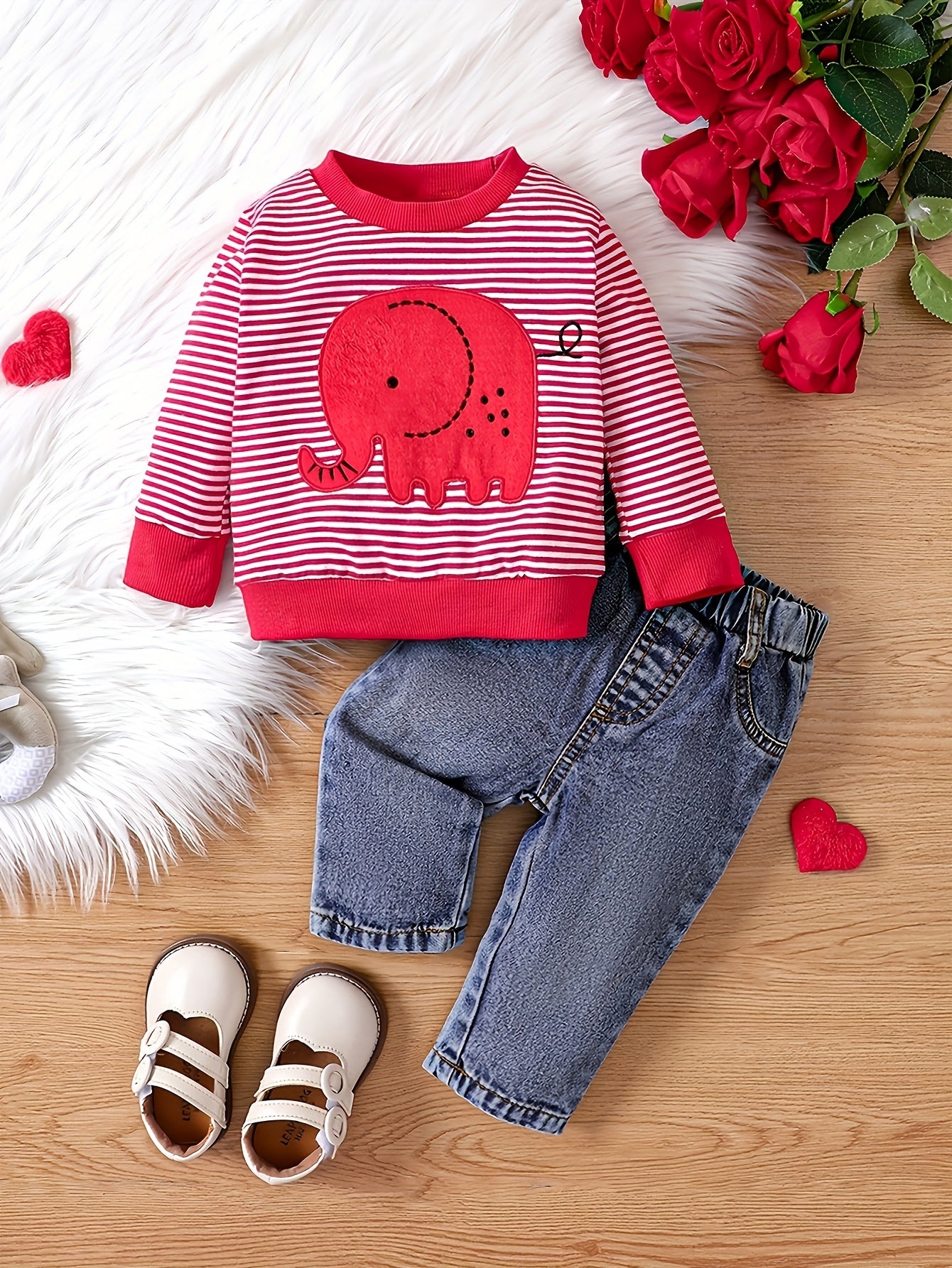 Baby Boy 2-Piece Set – Striped Elephant Long Sleeve Top & Denim Pants