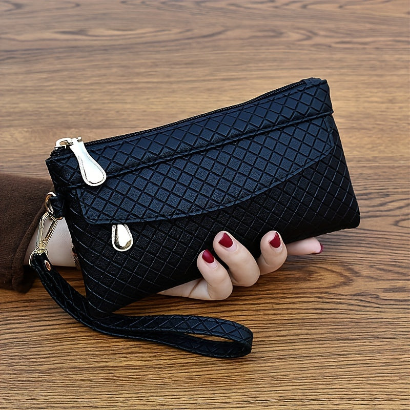 Argyle Quilted Wristlet Clutch | Faux Leather Zipper Bag for Women