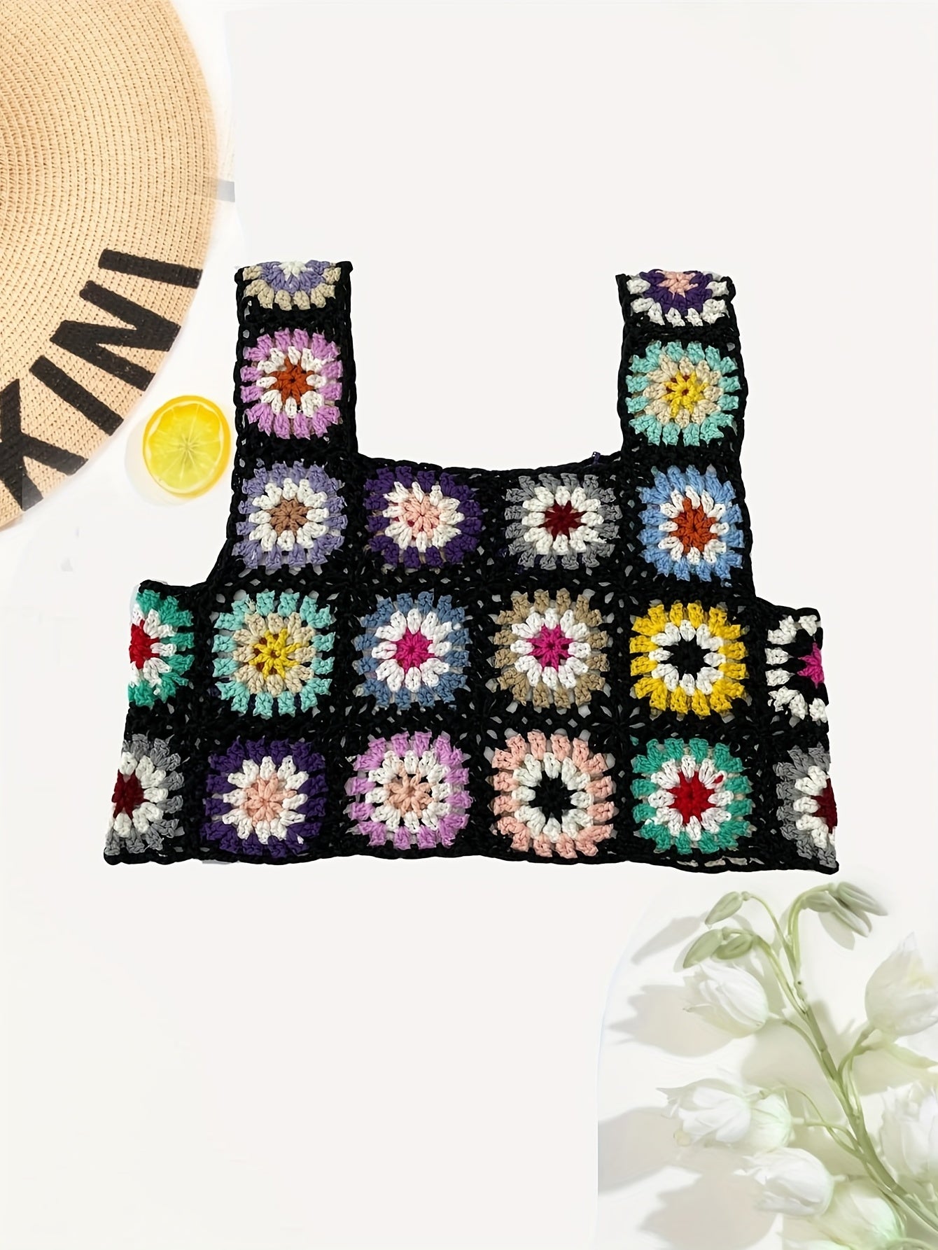 Women's Floral Crochet Top – Square Neck Sleeveless Beach Shirt