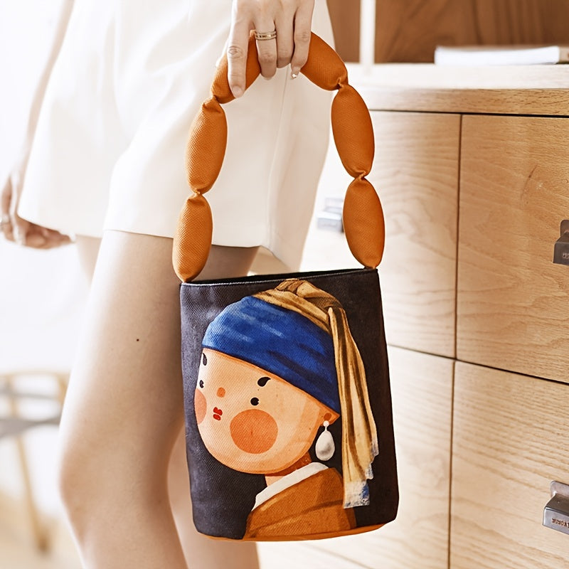 Art Print Bucket Bag – Padded Shoulder Strap Handbag with Classic Painting Design