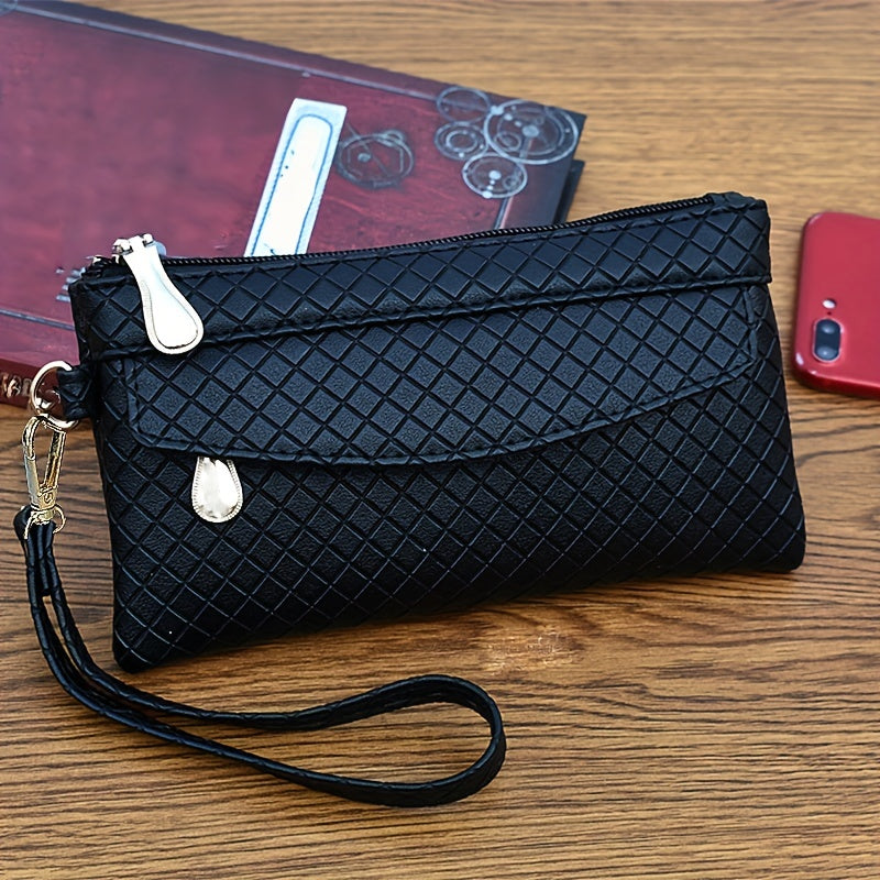 Argyle Quilted Wristlet Clutch | Faux Leather Zipper Bag for Women