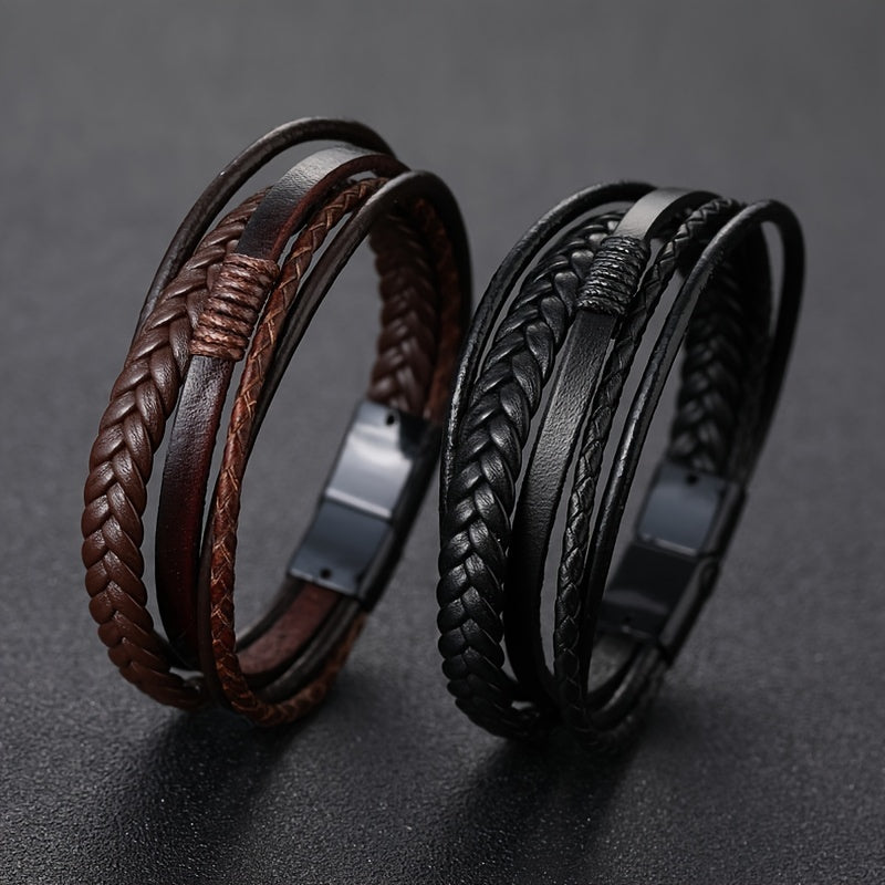 Men's Multi-Layer Leather Bracelet with Buckle Closure