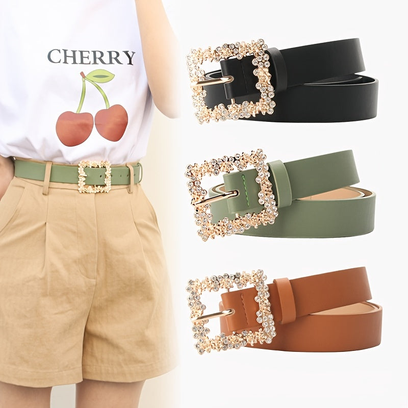 Rhinestone Pin Buckle Belt | Casual & Dressy PU Belt for Women