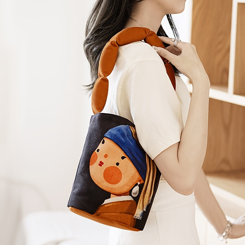 Art Print Bucket Bag – Padded Shoulder Strap Handbag with Classic Painting Design