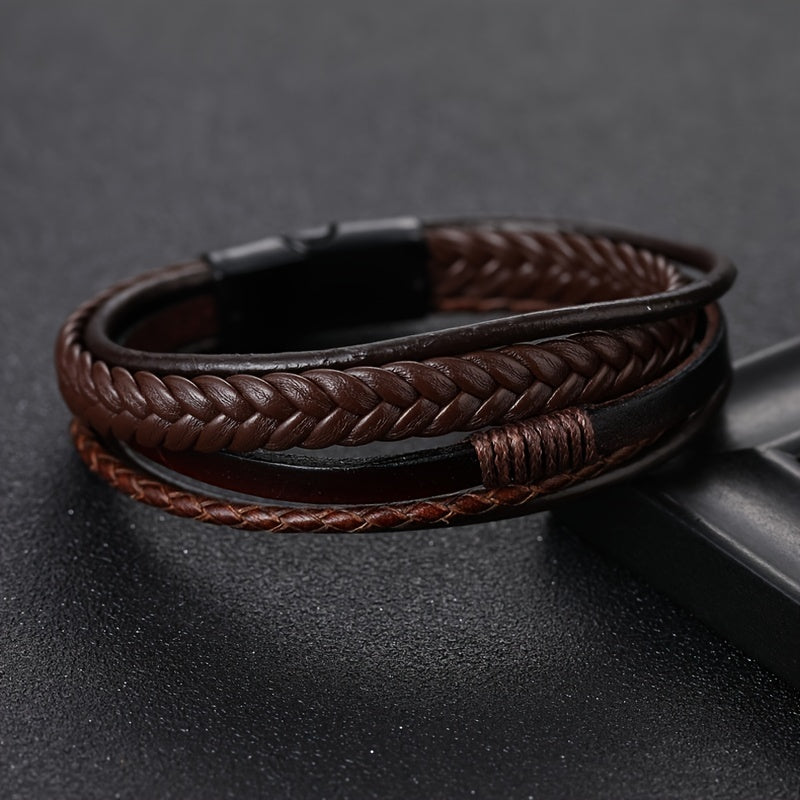Men's Multi-Layer Leather Bracelet with Buckle Closure