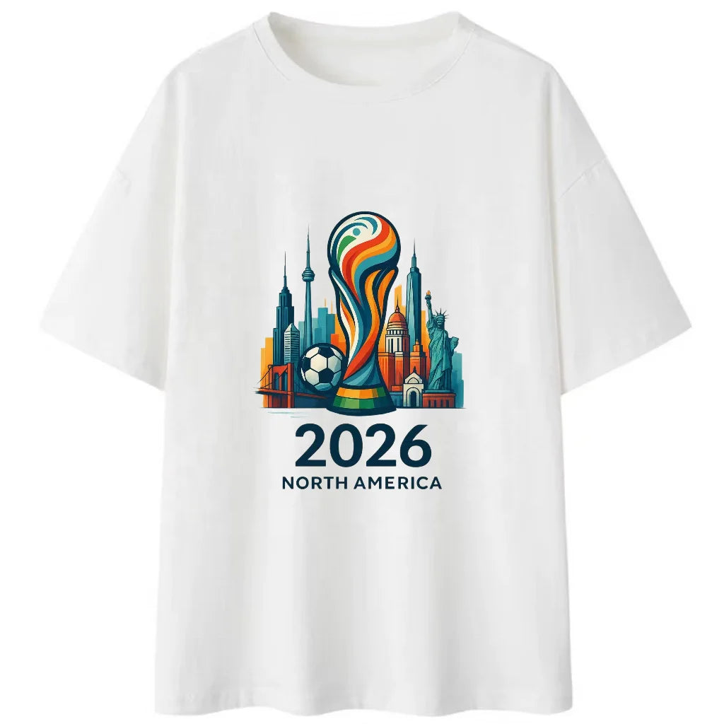 FIFA World Cup 2026 Men's T-Shirt – Trophy & North America City Skyline Print | 100% Organic Cotton