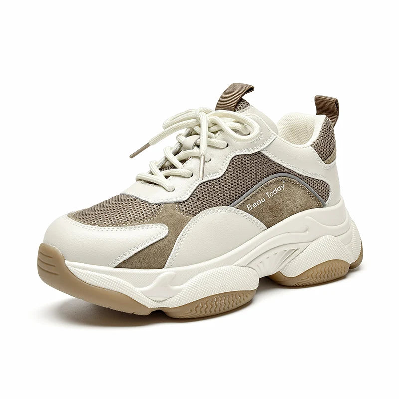 BeauToday Women's Chunky Platform Sneakers – Mesh & Leather Lace-Up Trainers