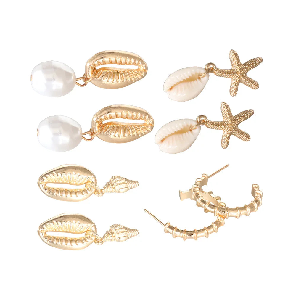 Women's Bohemian Shell & Starfish Dangle Earring Set – Beach Pearl Conch Drop Jewelry