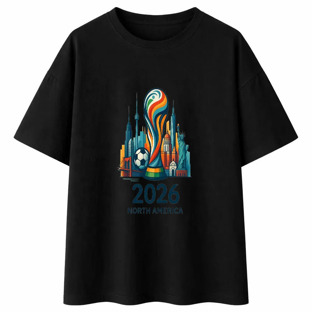 FIFA World Cup 2026 Men's T-Shirt – Trophy & North America City Skyline Print | 100% Organic Cotton