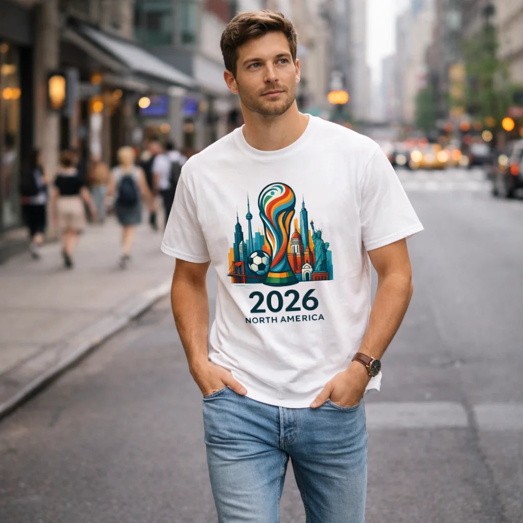 FIFA World Cup 2026 Men's T-Shirt – Trophy & North America City Skyline Print | 100% Organic Cotton