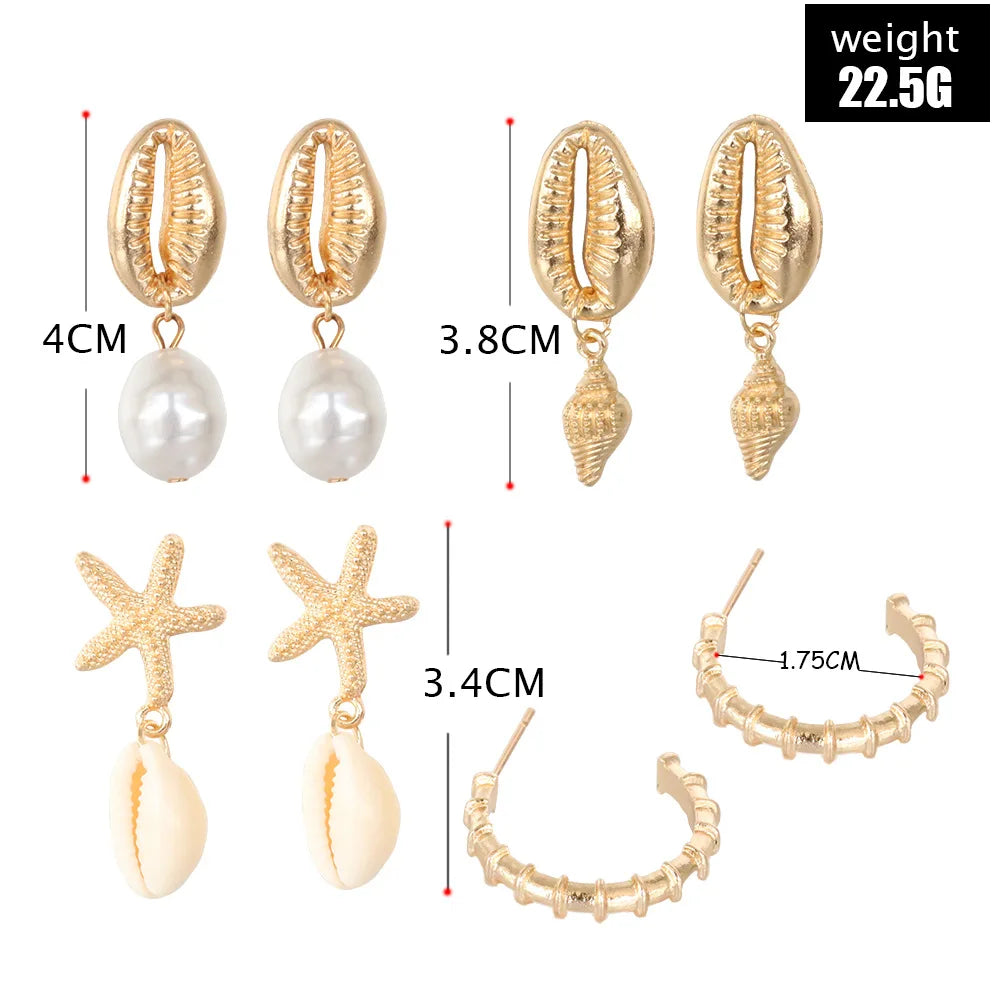 Women's Bohemian Shell & Starfish Dangle Earring Set – Beach Pearl Conch Drop Jewelry