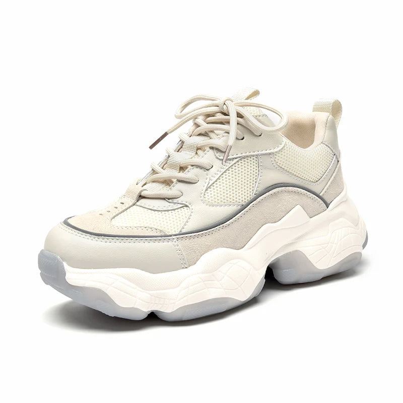BeauToday Women's Chunky Platform Sneakers – Mesh & Leather Lace-Up Trainers