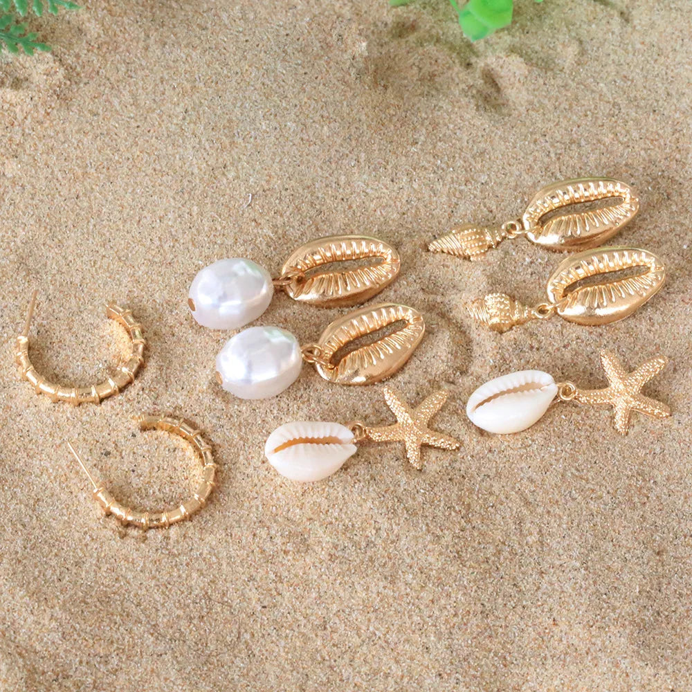 Women's Bohemian Shell & Starfish Dangle Earring Set – Beach Pearl Conch Drop Jewelry