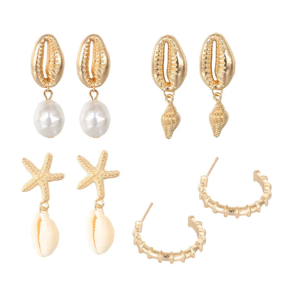 Women's Bohemian Shell & Starfish Dangle Earring Set – Beach Pearl Conch Drop Jewelry