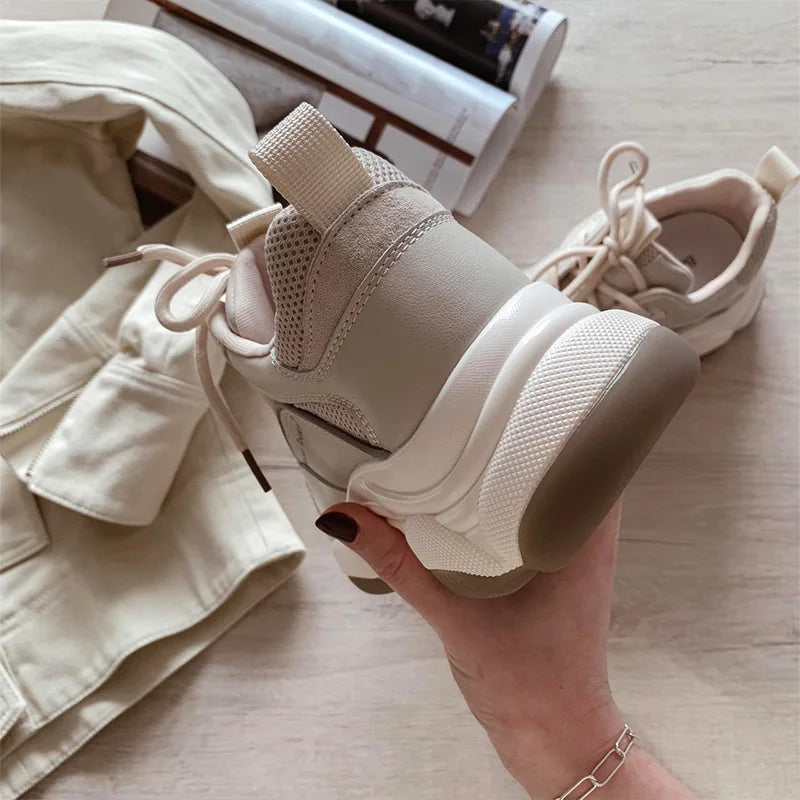 BeauToday Women's Chunky Platform Sneakers – Mesh & Leather Lace-Up Trainers