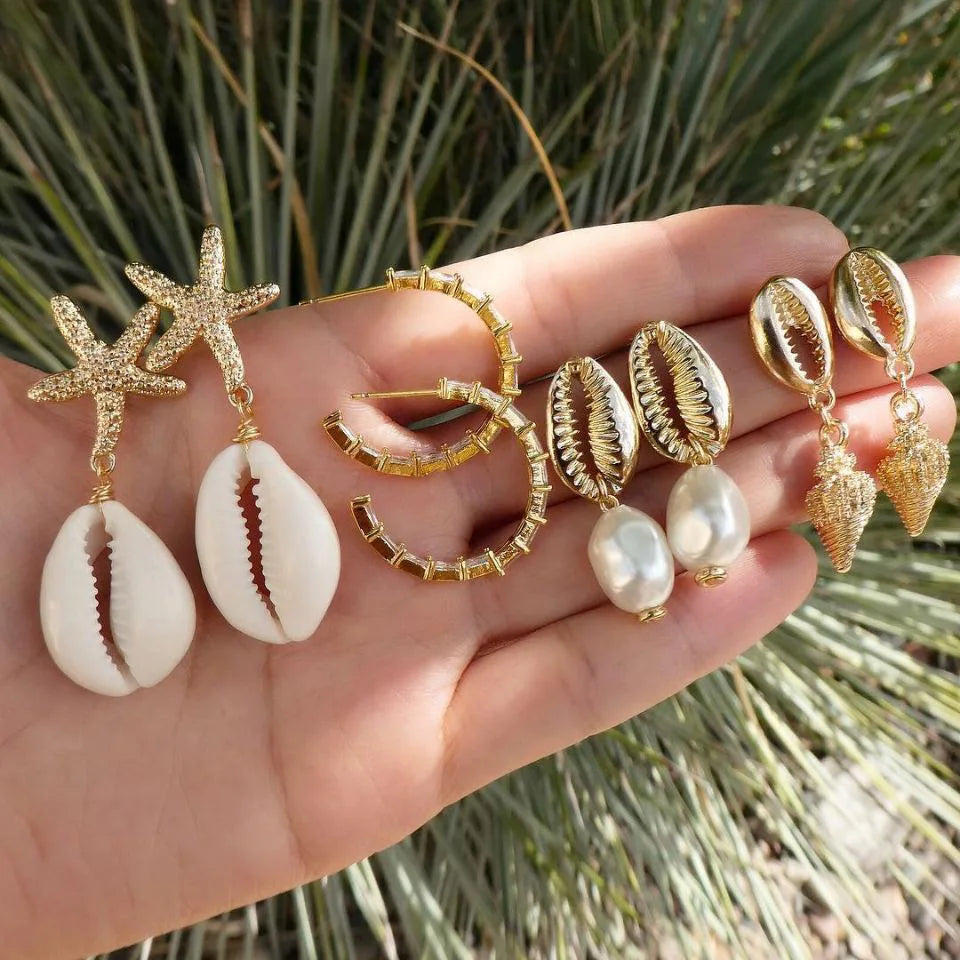 Women's Bohemian Shell & Starfish Dangle Earring Set – Beach Pearl Conch Drop Jewelry