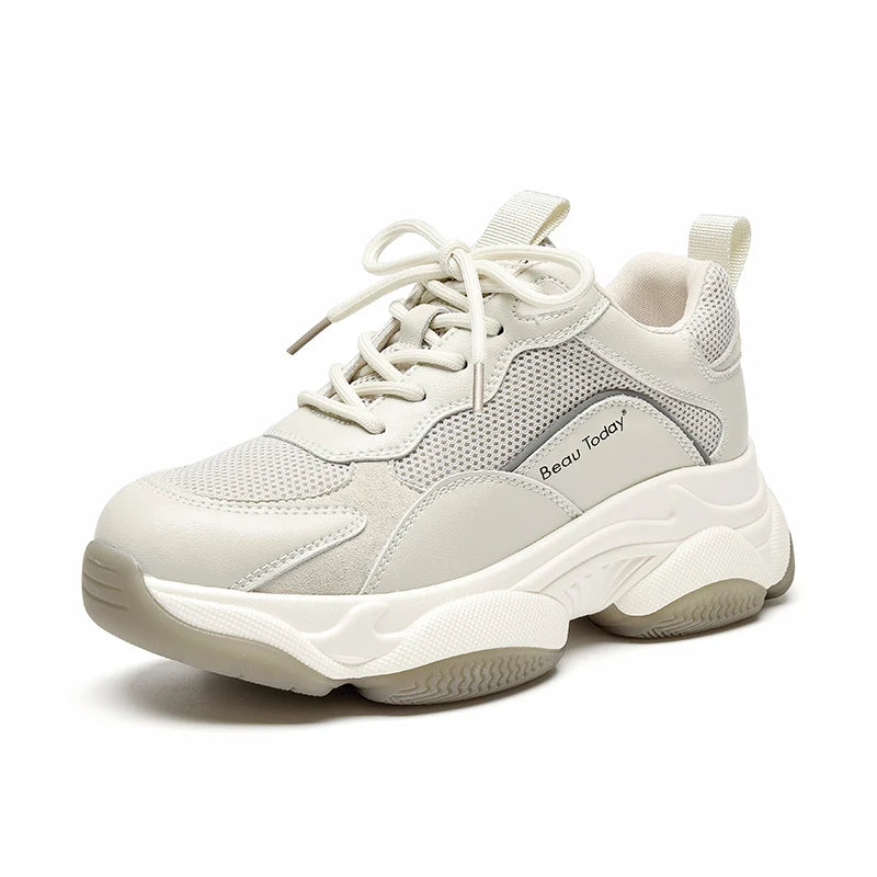 BeauToday Women's Chunky Platform Sneakers – Mesh & Leather Lace-Up Trainers