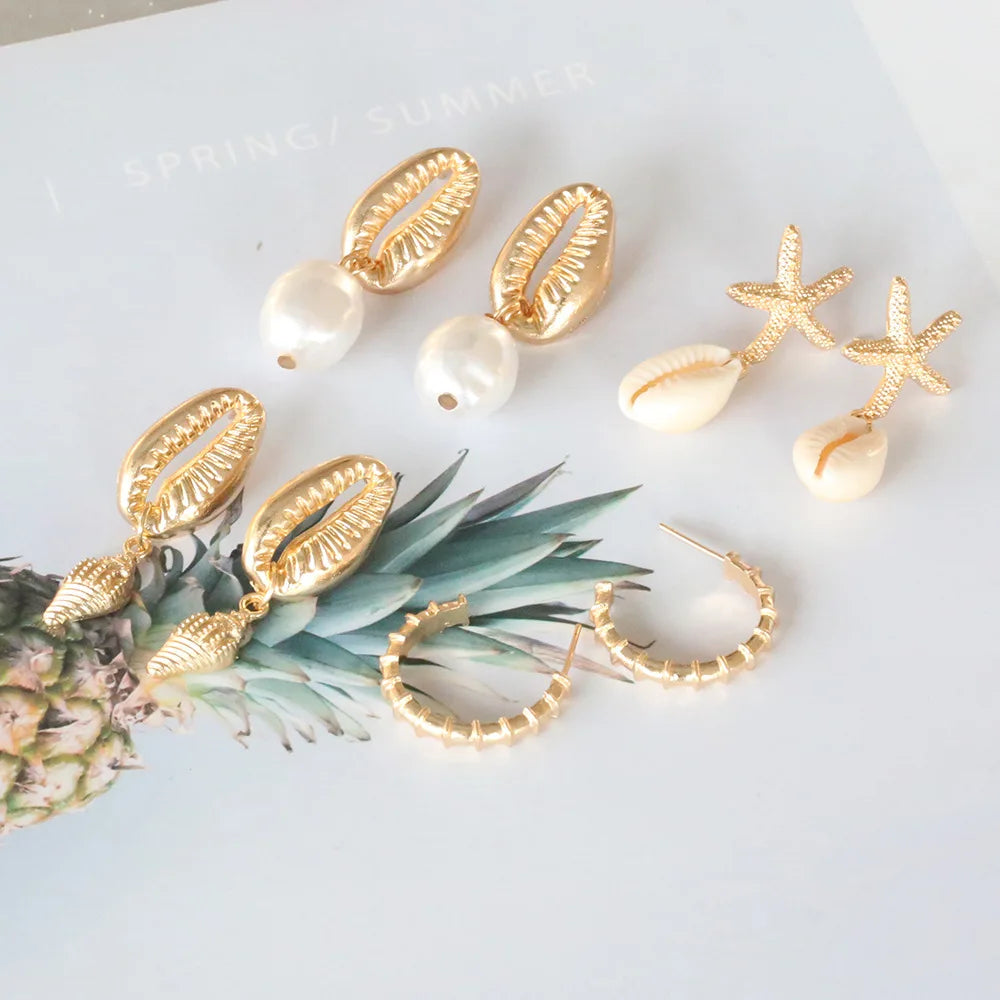 Women's Bohemian Shell & Starfish Dangle Earring Set – Beach Pearl Conch Drop Jewelry