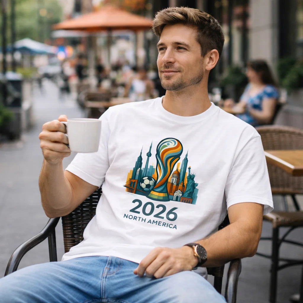 FIFA World Cup 2026 Men's T-Shirt – Trophy & North America City Skyline Print | 100% Organic Cotton
