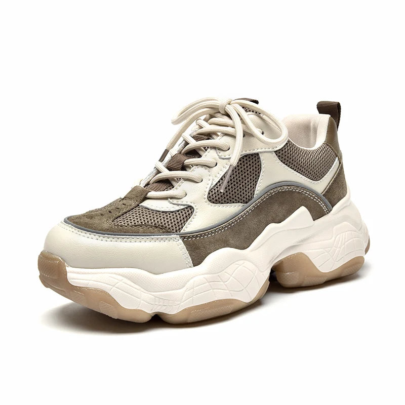 BeauToday Women's Chunky Platform Sneakers – Mesh & Leather Lace-Up Trainers