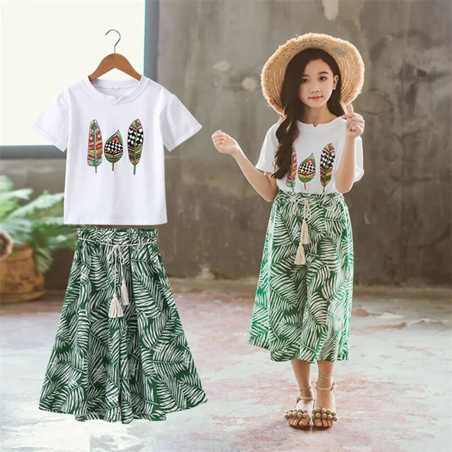 Girls Summer Clothing Set – Short Sleeve Top & Pants (Sizes 4T–13T)