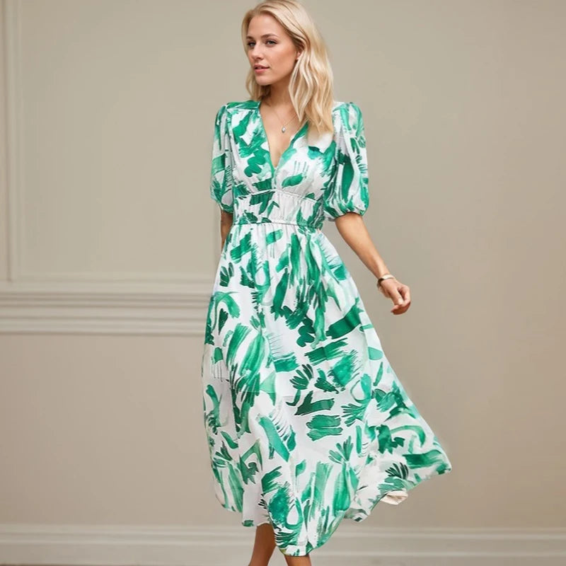 Women's Floral Chiffon Maxi Dress | Lantern Sleeve Summer Beach Dress