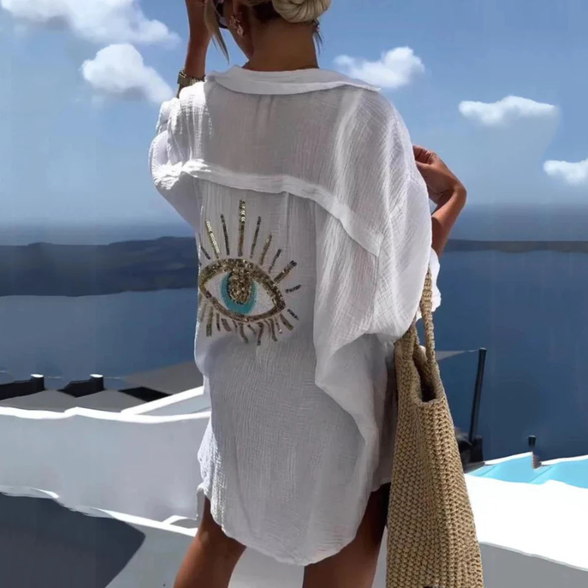 Women's White Bohemian Beach Cover-Up – Kaftan Sarong Swimsuit Tunic