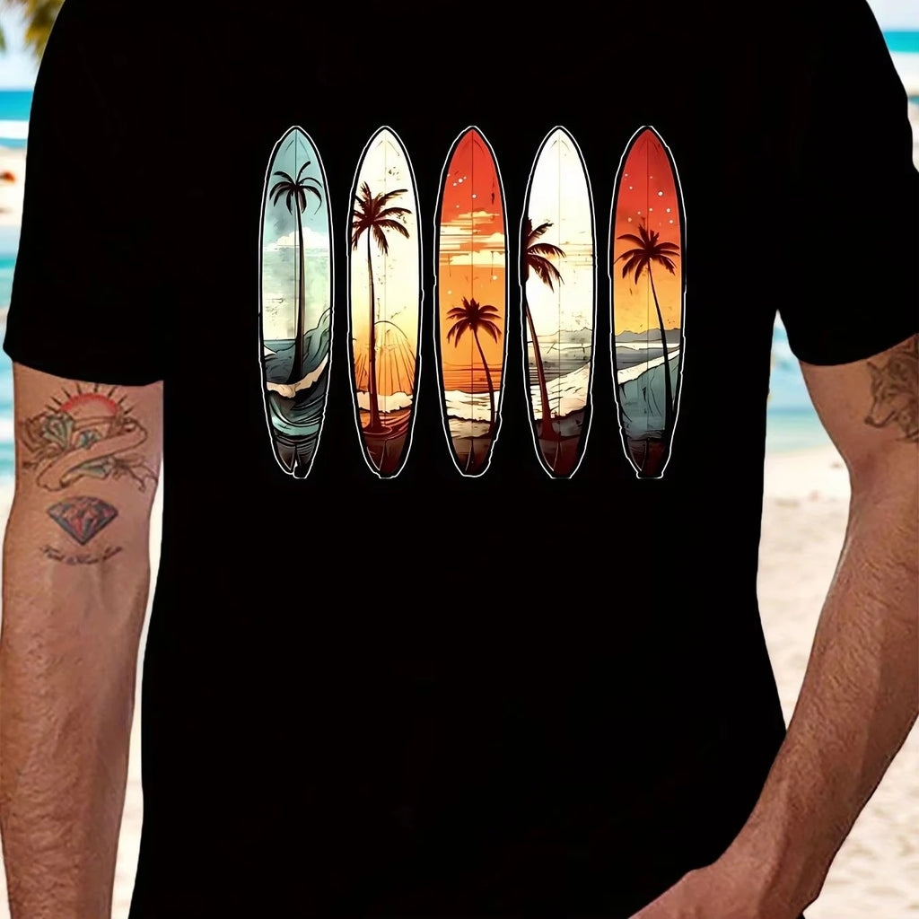 Men's Beach Surf Graphic T-Shirt – Sunset Palm Tree Short Sleeve Cotton Tee