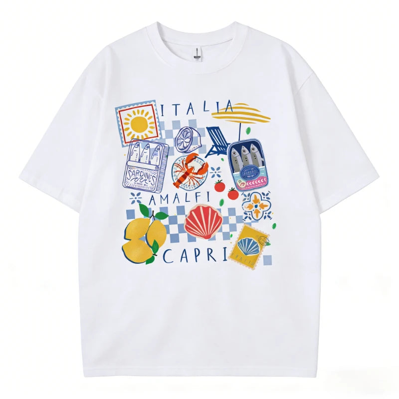 Capri Italia Graphic T-Shirt – Retro Seafood Vacation Tee | Women's Oversized Summer Top