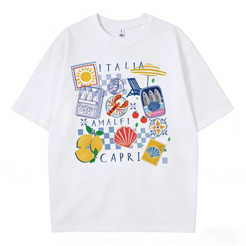 Capri Italia Graphic T-Shirt – Retro Seafood Vacation Tee | Women's Oversized Summer Top