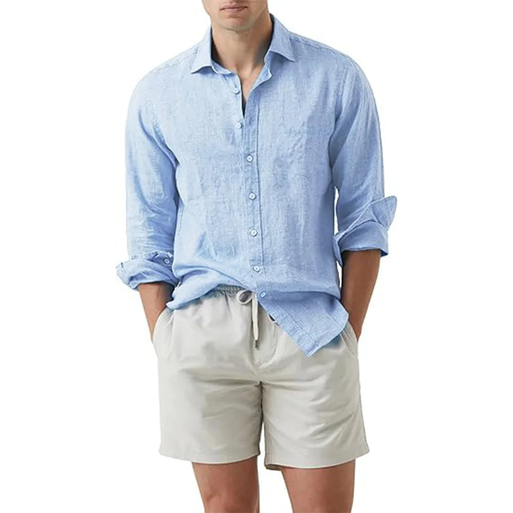 Men's Cotton Linen Long Sleeve Beach Shirt | Slim Fit Cardigan Style Turn-Down Collar