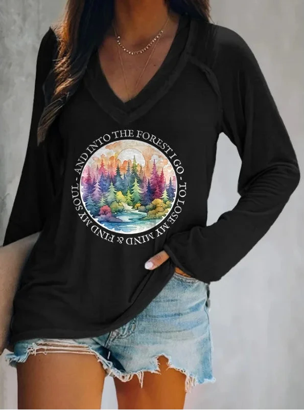 Women's Letter Print Long Sleeve V-Neck T-Shirt – Casual Loose Fit