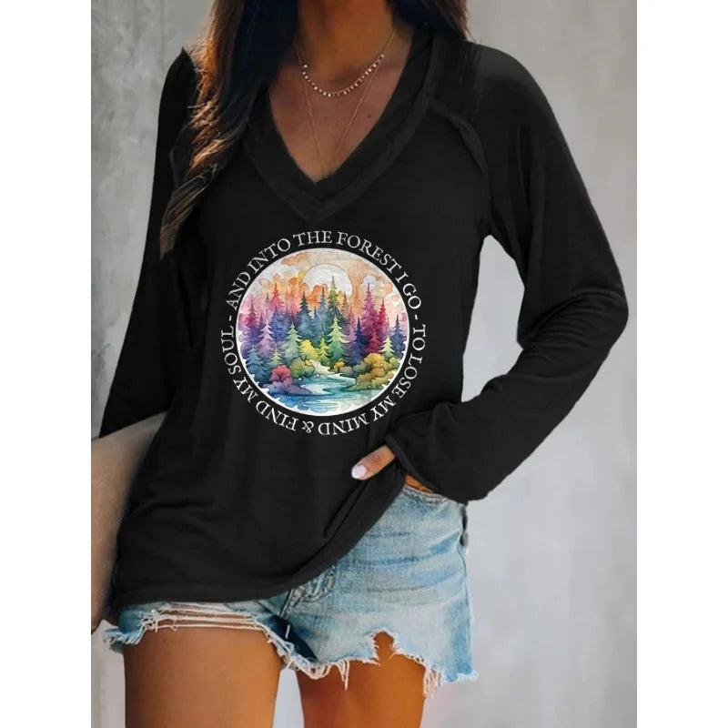 Women's Letter Print Long Sleeve V-Neck T-Shirt – Casual Loose Fit