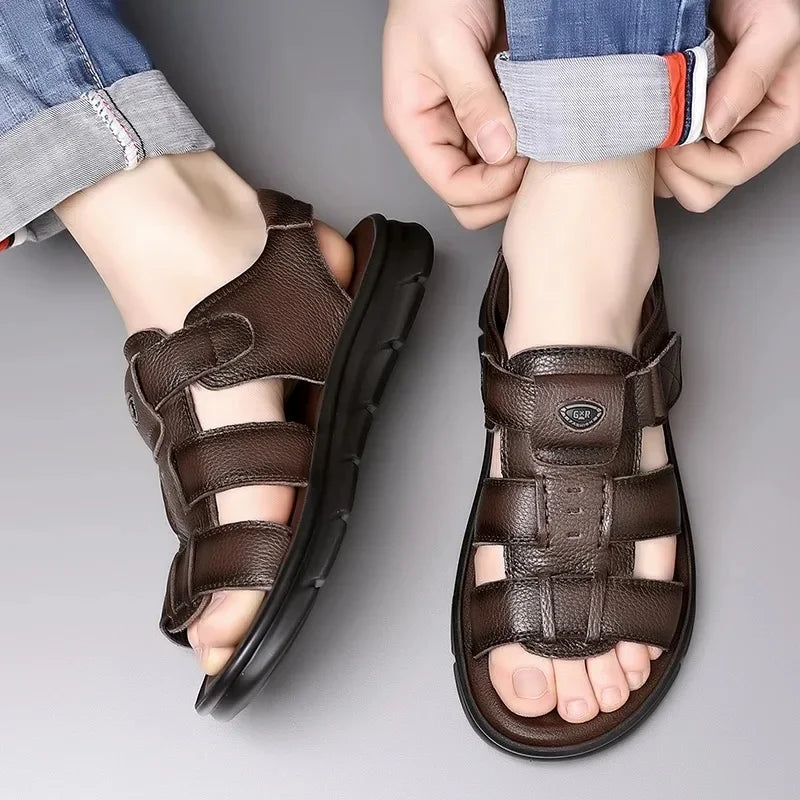 Men's Genuine Leather Sandals – Non-Slip Casual Beach & Outdoor Shoes
