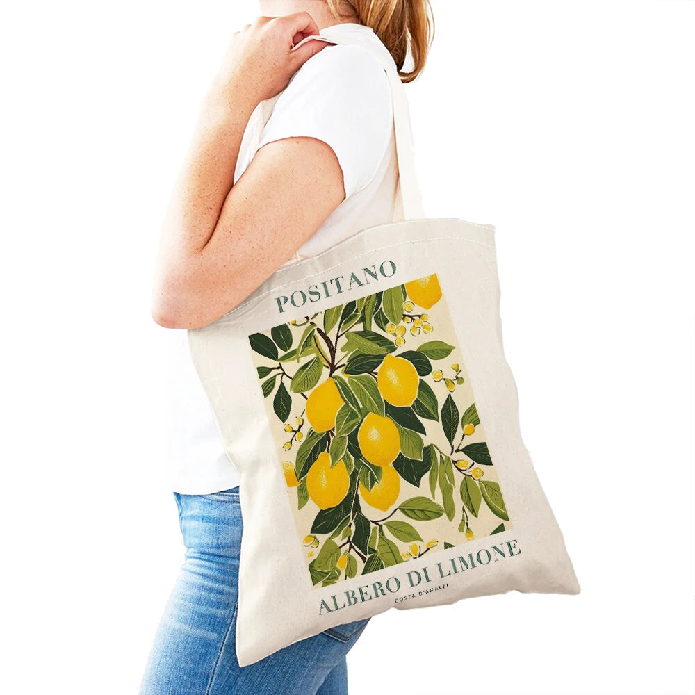 Positano Lemon & Leaves Canvas Tote Bag – Women's Eco Shopper | Italian Summer Handbag